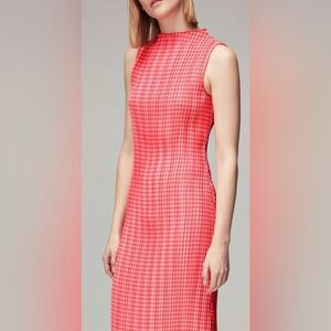 Whistles Pink Houndstooth Plissé Midi Dress Pleated Sleeveless US 16